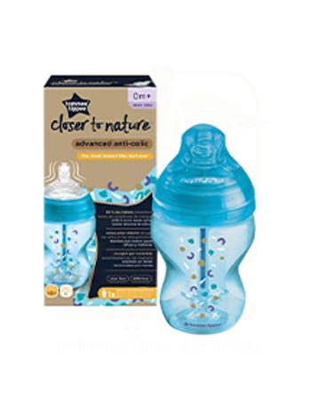 Tommee Tippee Advanced Anti-Colic Decorated Baby Bottle, 260 Ml, Single Pack, Blue